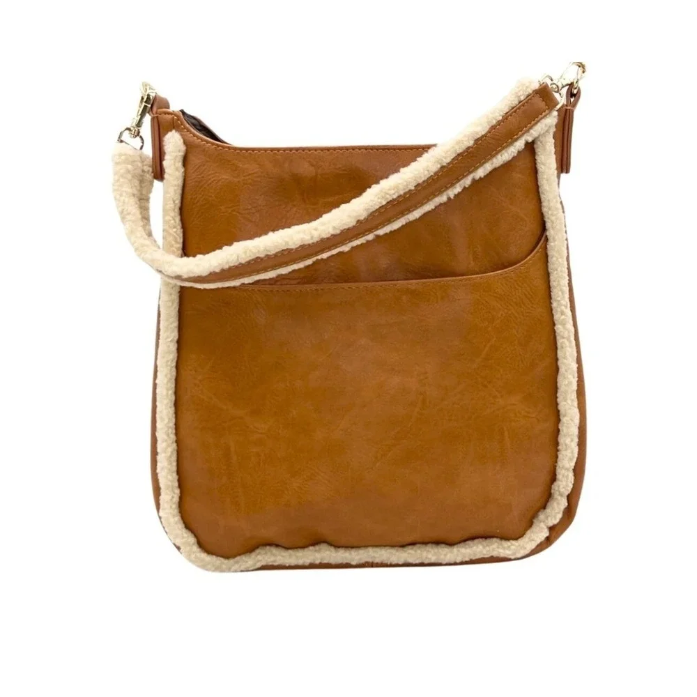 Ah-dorned‎ Vegan Leather Messenger Bag Sherpa Trim Shoulder Bag Purse Handbag